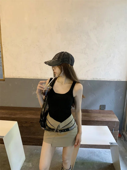 LVSANW Sexy Hot Girls New Summer Two Piece Skirt Sets Square Neck Sleeve Slim Vest Tops + High Waist Slim Cargo Skirts Female Outfits