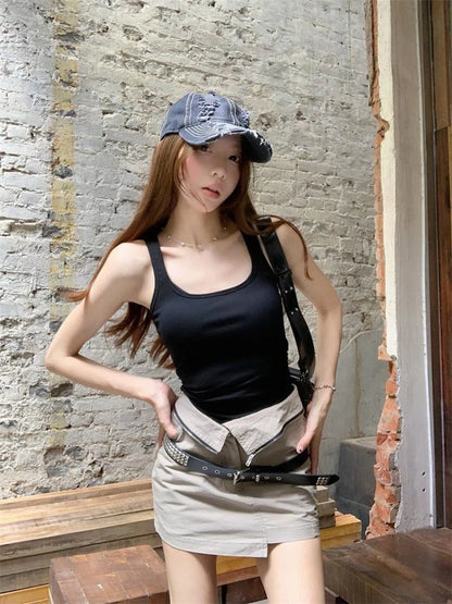 LVSANW Sexy Hot Girls New Summer Two Piece Skirt Sets Square Neck Sleeve Slim Vest Tops + High Waist Slim Cargo Skirts Female Outfits