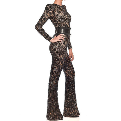 LVSANW Sexy Lace Embroidery Hollow Long Jumpsuit Women Elegant O-neck Long Sleeve Slim Romper Fashion Hight Waist Solid Party Playsuit