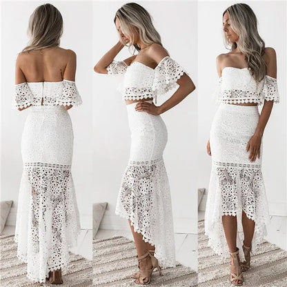 LVSANW Sexy Lace Hollow Out 2 Piece Set Women Backless Crop Top Ruffles Long Pencil Skirts Two Piece Set ensemble femme chandal mujer