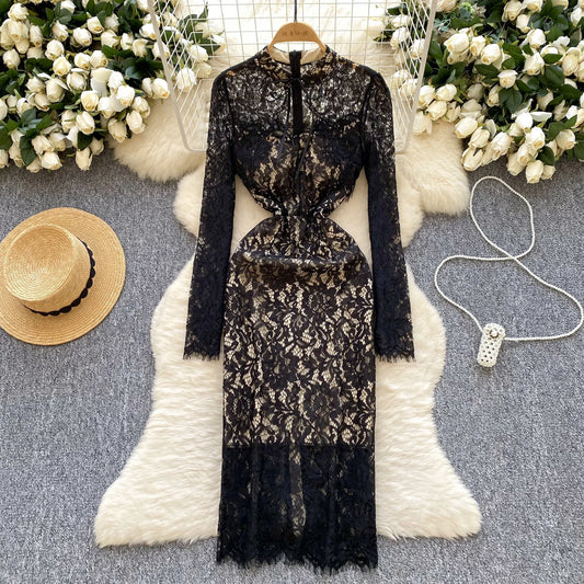 LVSANW Sexy Lace Hollow Out O Neck Long Sleeve Dress French Chic Vintage Party Women Chic Summer Sweet Hotsweet Dresses