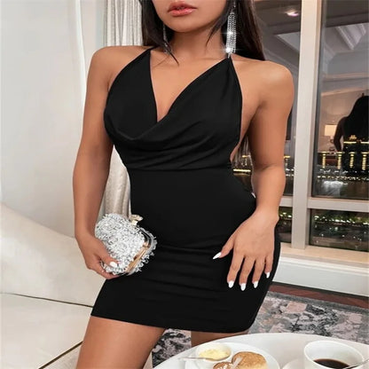 LVSANW Sexy Mini Dress Lace Up Strap Pure Silod Party Club Elegant Y2K Hang Neck Hollow Backless Straples V Neck Elegant Evening Dresse