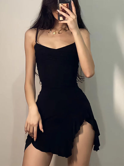 LVSANW Sexy Mini Dress Women Summer New Black Sleeveless Strap Backless Folds Bodycon Split Dress Streetwear Elegant Party A-LINE Dress