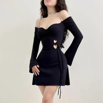 LVSANW Sexy Off Shoulder Dress Women New Autumn Long Sleeves Streetwear Hollow Out Casual Black Dress Club Party Elegant A-LINE Dresses