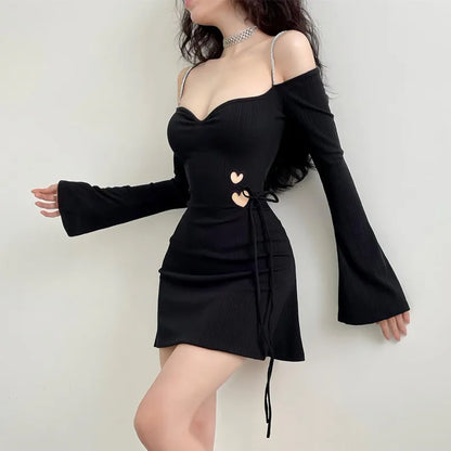 LVSANW Sexy Off Shoulder Dress Women New Autumn Long Sleeves Streetwear Hollow Out Casual Black Dress Club Party Elegant A-LINE Dresses