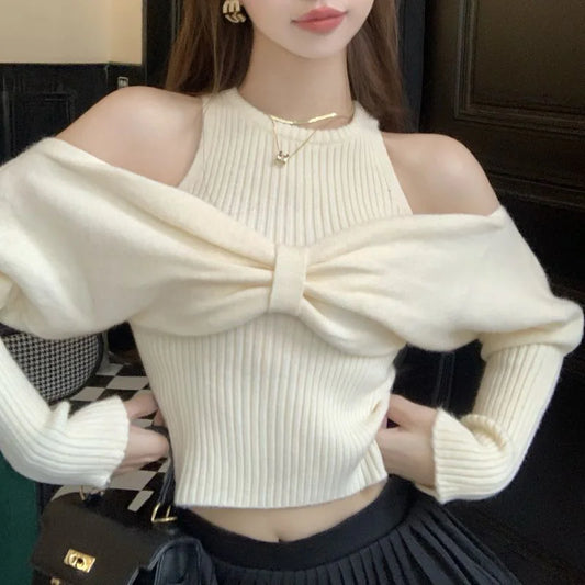 LVSANW Sexy Off Shoulder Sweater Women Christmas Elegant Manners Bow Solid Two Piece Knit Jumpers Chic Vest Commuter Office Lady Tops