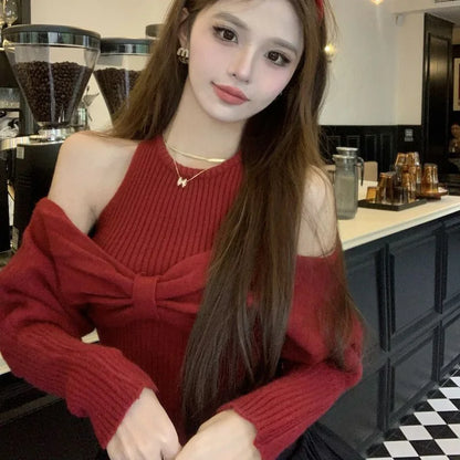 LVSANW Sexy Off Shoulder Sweater Women Christmas Elegant Manners Bow Solid Two Piece Knit Jumpers Chic Vest Commuter Office Lady Tops