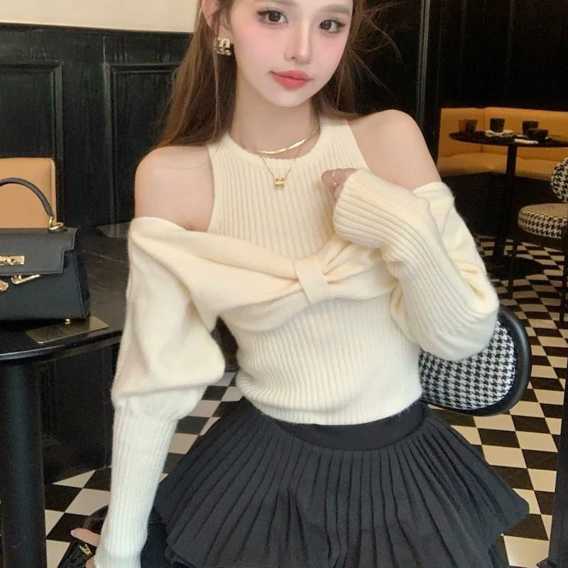 LVSANW Sexy Off Shoulder Sweater Women Christmas Elegant Manners Bow Solid Two Piece Knit Jumpers Chic Vest Commuter Office Lady Tops