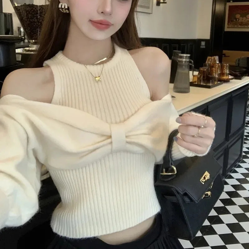 LVSANW Sexy Off Shoulder Sweater Women Christmas Elegant Manners Bow Solid Two Piece Knit Jumpers Chic Vest Commuter Office Lady Tops