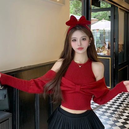 LVSANW Sexy Off Shoulder Sweater Women Christmas Elegant Manners Bow Solid Two Piece Knit Jumpers Chic Vest Commuter Office Lady Tops