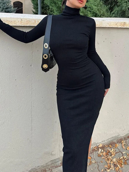 LVSANW Sexy Party Maxi Dress For Women Autumn Black Long Sleeves Casual Bodycon Turtleneck Dress Solid Fashion Club Slim Elegant Dress