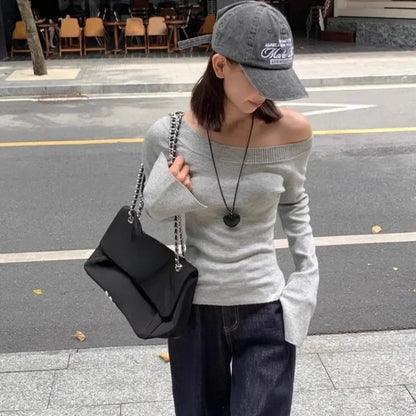 LVSANW Sexy Pullovers Women Off Shoulder Cropped Knitted Basic Clothes Autumn All-match Side Slit Simple Tender Slim Gentle Seductive