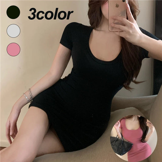 LVSANW Sexy Pure Lust Short Slim Fit Chili Girl Dress Women Summer Short Pink Waist Slimming Dress U-neck Design Polyester Fabric