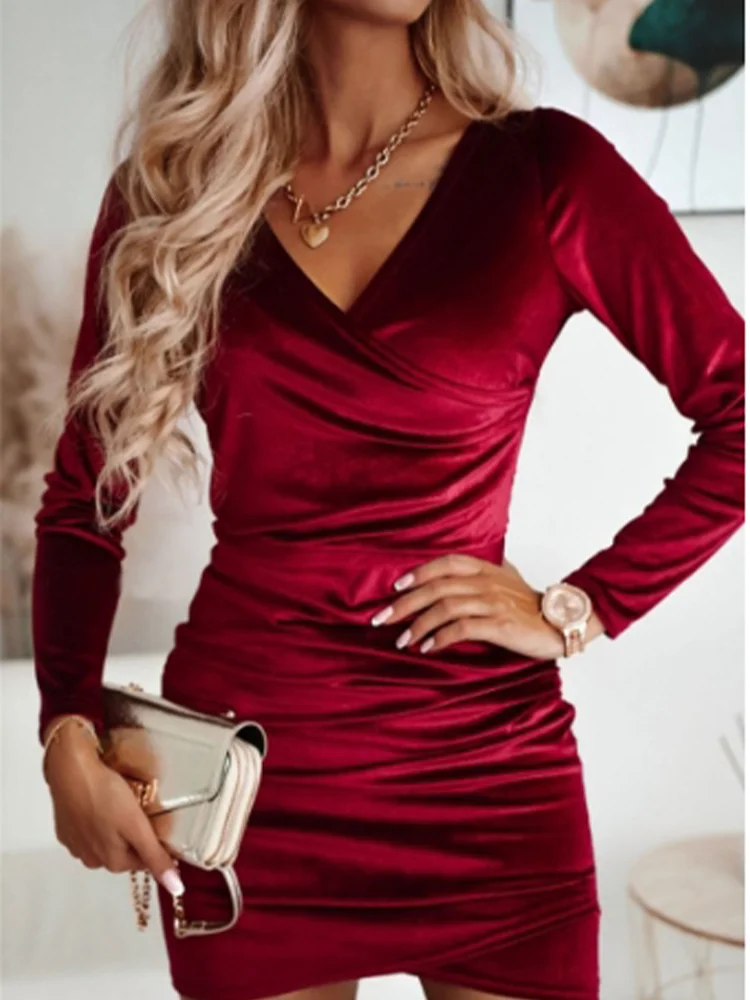 LVSANW Sexy Red V-Neck Long Sleeve Dress Women's Slim Mini Dresses Elegant Party Date Autumn Dress Robe