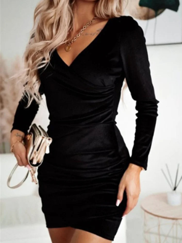 LVSANW Sexy Red V-Neck Long Sleeve Dress Women's Slim Mini Dresses Elegant Party Date Autumn Dress Robe