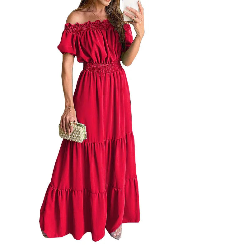 LVSANW Sexy Slash Neck Short Sleeve Pleated Maxi Long Dress Summer Female Boho Red Loose Vestidos TCFS-1175