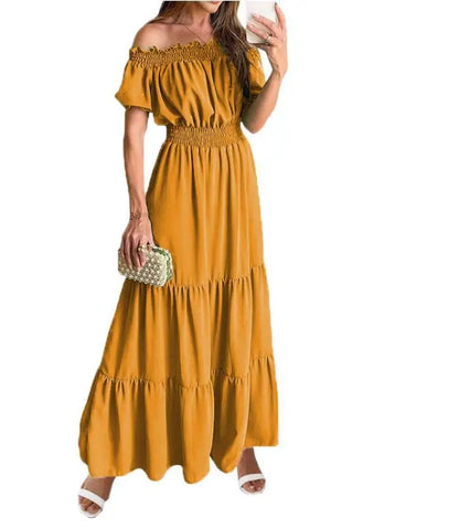 LVSANW Sexy Slash Neck Short Sleeve Pleated Maxi Long Dress Summer Female Boho Red Loose Vestidos TCFS-1175