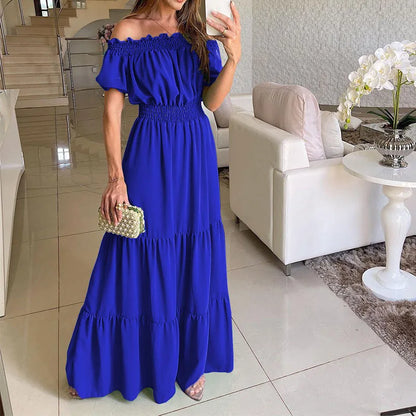 LVSANW Sexy Slash Neck Short Sleeve Pleated Maxi Long Dress Summer Female Boho Red Loose Vestidos TCFS-1175