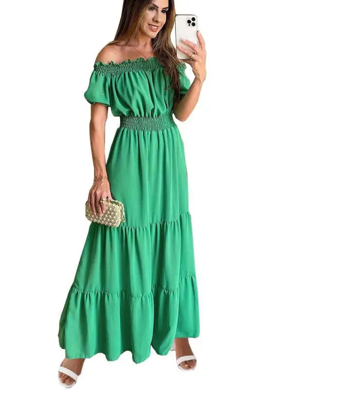 LVSANW Sexy Slash Neck Short Sleeve Pleated Maxi Long Dress Summer Female Boho Red Loose Vestidos TCFS-1175