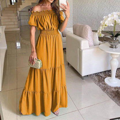 LVSANW Sexy Slash Neck Short Sleeve Pleated Maxi Long Dress Summer Female Boho Red Loose Vestidos TCFS-1175