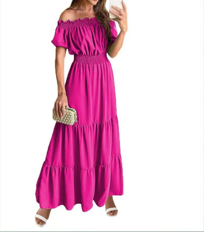 LVSANW Sexy Slash Neck Short Sleeve Pleated Maxi Long Dress Summer Female Boho Red Loose Vestidos TCFS-1175