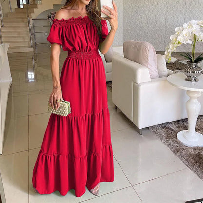 LVSANW Sexy Slash Neck Short Sleeve Pleated Maxi Long Dress Summer Female Boho Red Loose Vestidos TCFS-1175