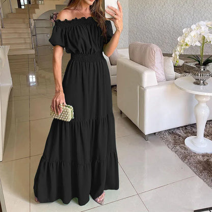 LVSANW Sexy Slash Neck Short Sleeve Pleated Maxi Long Dress Summer Female Boho Red Loose Vestidos TCFS-1175