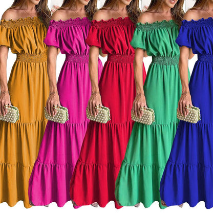 LVSANW Sexy Slash Neck Short Sleeve Pleated Maxi Long Dress Summer Female Boho Red Loose Vestidos TCFS-1175