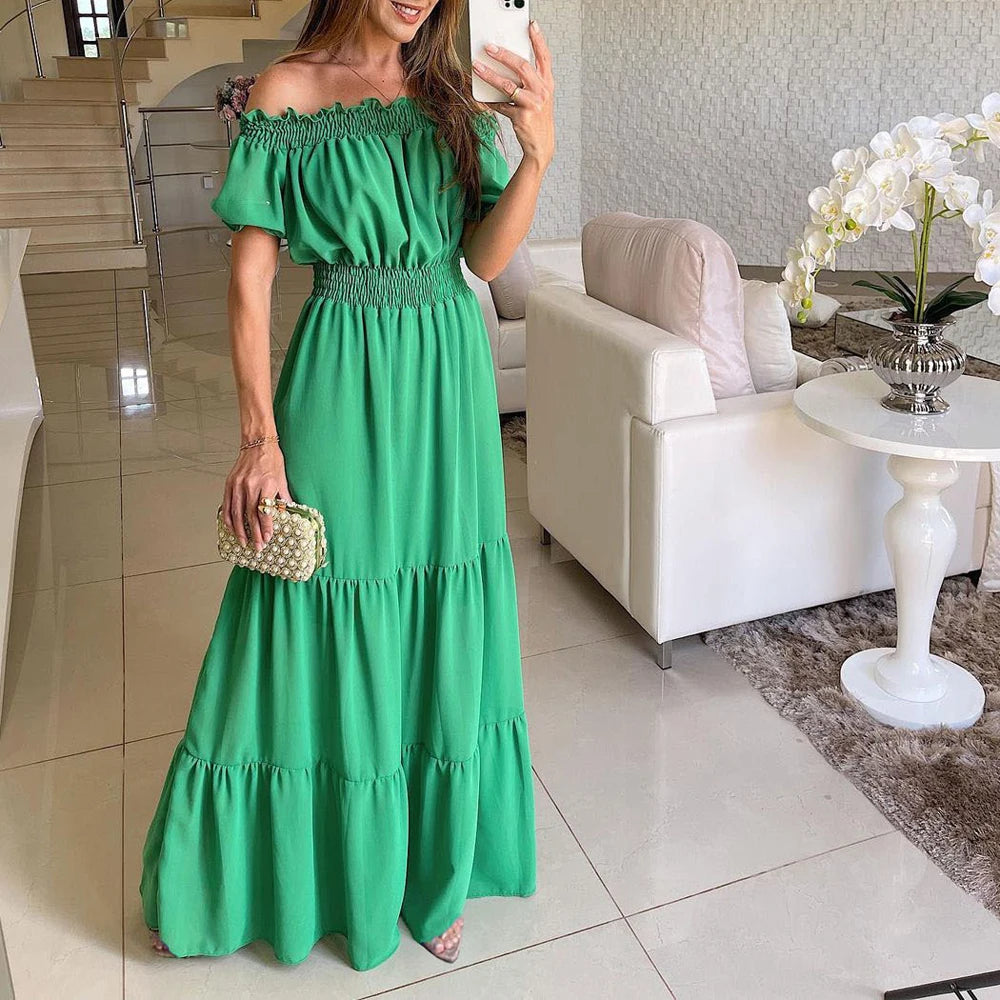 LVSANW Sexy Slash Neck Short Sleeve Pleated Maxi Long Dress Summer Female Boho Red Loose Vestidos TCFS-1175