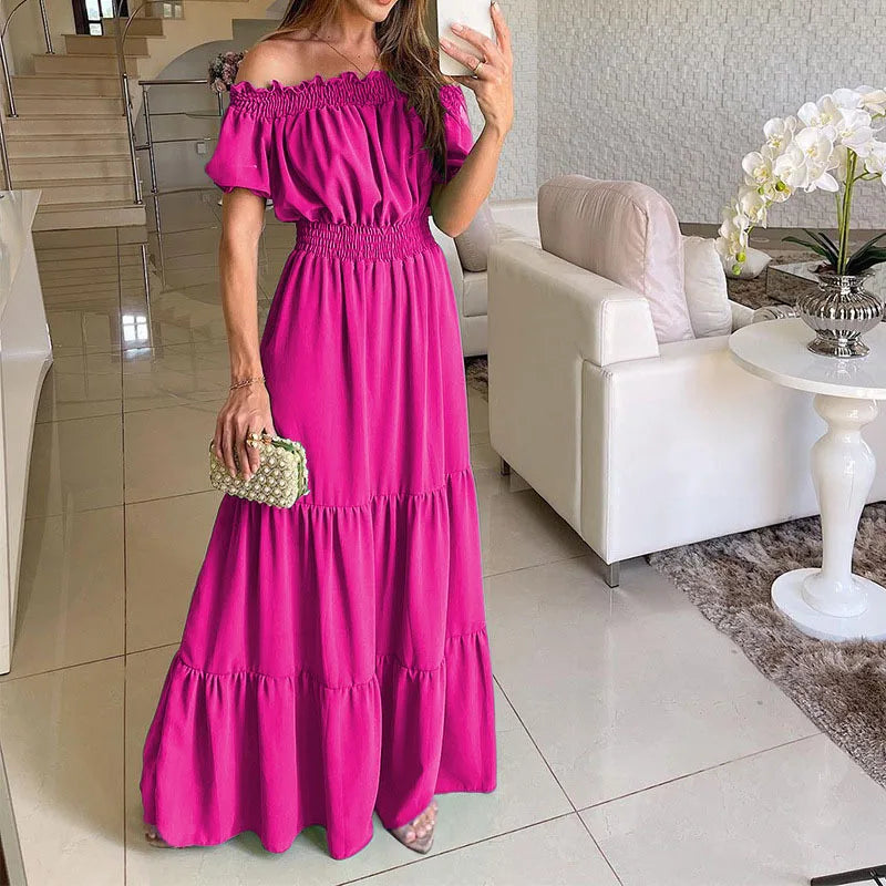 LVSANW Sexy Slash Neck Short Sleeve Pleated Maxi Long Dress Summer Female Boho Red Loose Vestidos TCFS-1175