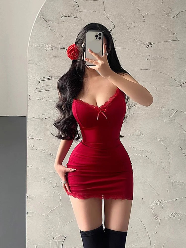 LVSANW Sexy Sleeveless Slim Bodycon Mini Dress Women Camisole Party Red Short Evening Club Outfit Soild Color Summer Hip Wrap Dresses