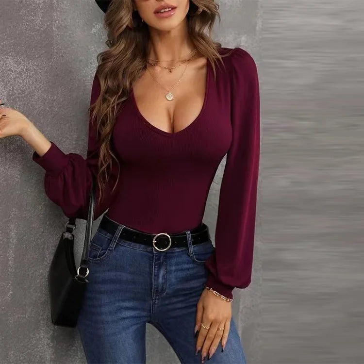 LVSANW Sexy Slim U Neck Long Sleeve Knitted Tops Women Fashion Autumn Solid Color Blouse Elegant Lantern Sleeve Knitted Sweater Female