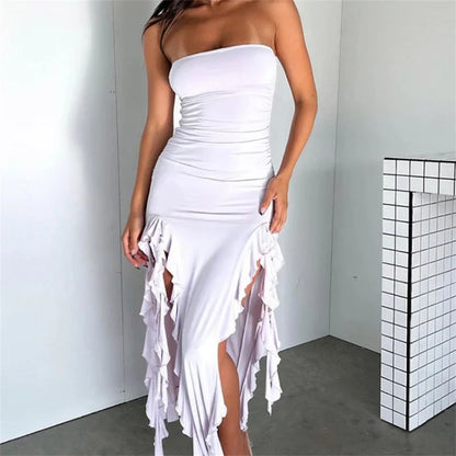 LVSANW Sexy Straps Sleeveless Ruffles Women Midi Dress Elegant Off Shoulder Slim Fit Ruched Dress Female Beach Holiday Clothes Outfits