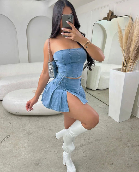 LVSANW Sexy Summer Outfits Women 2024 Fashion Jean Dress with Skirt 2 Piece Sets Bustier Blue Denim Two Piece Outfit Split Skirt Set