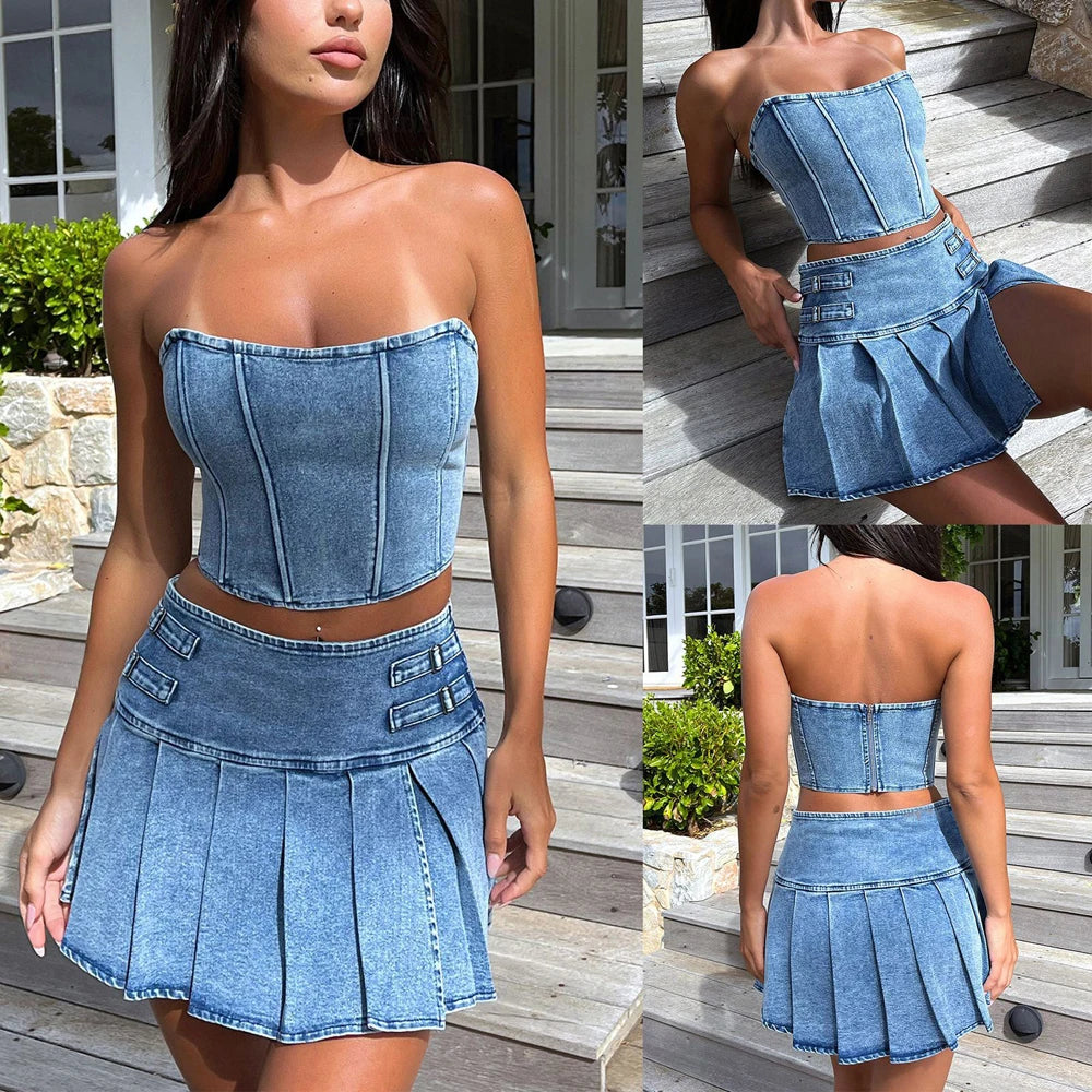 LVSANW Sexy Summer Outfits Women 2024 Fashion Jean Dress with Skirt 2 Piece Sets Bustier Blue Denim Two Piece Outfit Split Skirt Set