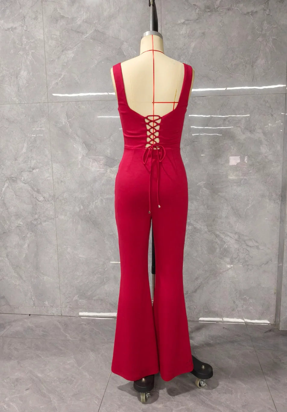 LVSANW Sexy Summer Women's Red Camisole Jumpsuit Square Neck Backless LaceUp Straight Leg Jumpsuit Elegant Women Commuting Daily Outfit