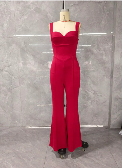 LVSANW Sexy Summer Women's Red Camisole Jumpsuit Square Neck Backless LaceUp Straight Leg Jumpsuit Elegant Women Commuting Daily Outfit