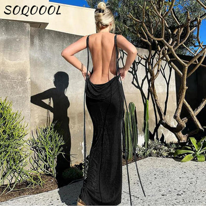 LVSANW Sexy Swing Collar Backless Maxi Dress Women Summer 2024 Drawstrings Sleeveless Club Party Prom Dresses Elegant Female Outfits