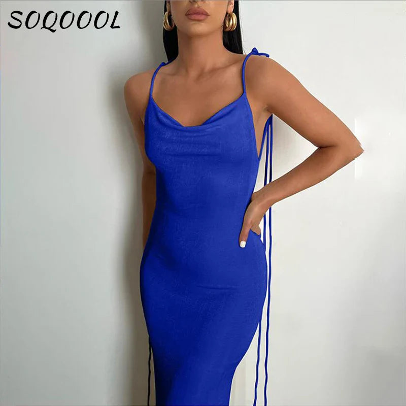 LVSANW Sexy Swing Collar Backless Maxi Dress Women Summer 2024 Drawstrings Sleeveless Club Party Prom Dresses Elegant Female Outfits