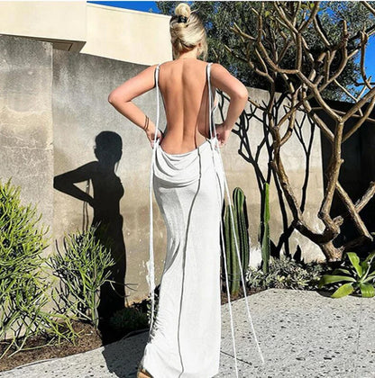 LVSANW Sexy Swing Collar Backless Maxi Dress Women Summer 2024 Drawstrings Sleeveless Club Party Prom Dresses Elegant Female Outfits