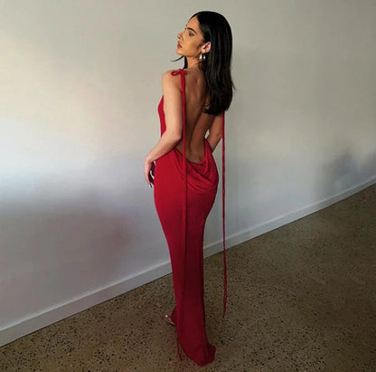 LVSANW Sexy Swing Collar Backless Maxi Dress Women Summer 2024 Drawstrings Sleeveless Club Party Prom Dresses Elegant Female Outfits