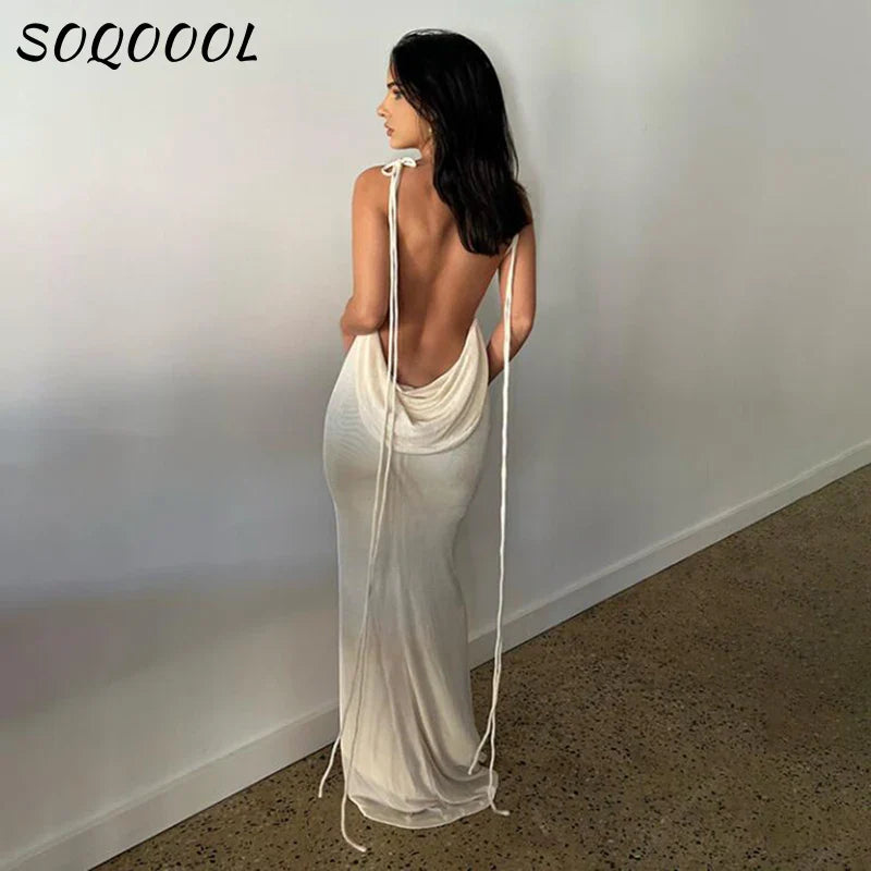 LVSANW Sexy Swing Collar Backless Maxi Dress Women Summer 2024 Drawstrings Sleeveless Club Party Prom Dresses Elegant Female Outfits