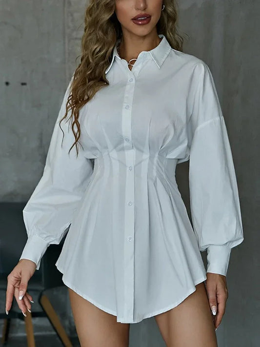 LVSANW Sexy Women Blouse Slim Deep V Puff Sleeve Shirtdress Long Sleeve Shirt Solid Vintage Blouse Turndown Collar Shirts Work Blouse