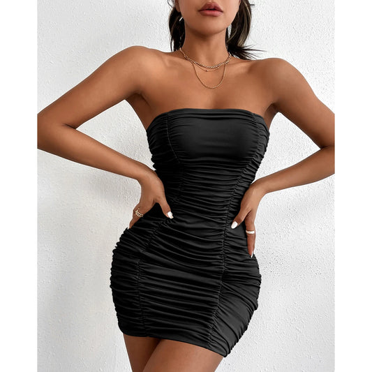 LVSANW Sexy Women Pleated Mini Dress Solid Party Elegant Sleeveless Slim Bodycon Club Dresses Strapless Streetwear