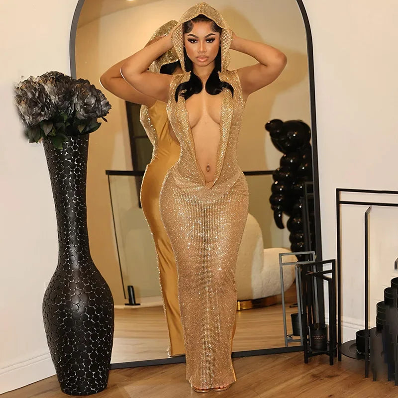 LVSANW Sexy Women Shiny Golden Sequin Long Dress Backless Low-cut Hooded Dress Party Lady Glitter Cut-out Dress Prom Cocktail Celebrity