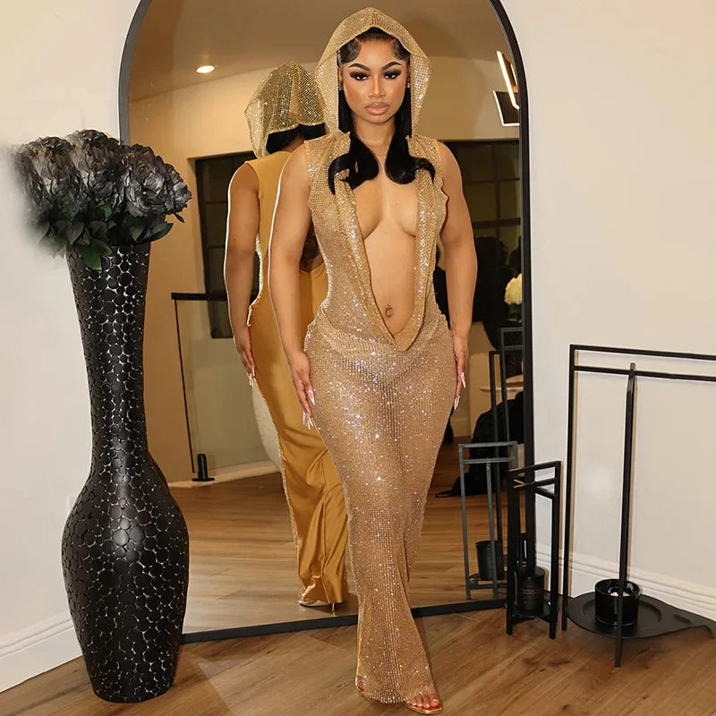 LVSANW Sexy Women Shiny Golden Sequin Long Dress Backless Low-cut Hooded Dress Party Lady Glitter Cut-out Dress Prom Cocktail Celebrity