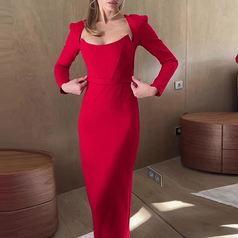 LVSANW Sexy Zipper Backless Puff Sleeve Formal Dresses Women French Style Split Long Dress Elegant Square Collar Split Party Dress