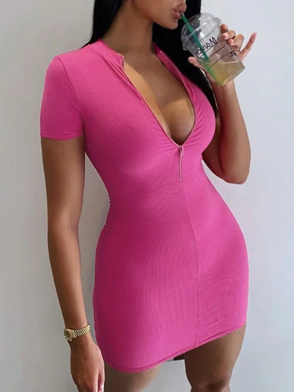 LVSANW Sexy Zipper Rib Knitting Slim Bodycon Dress Women Girdling Waist Short Sleees Skinny Dress Elegant Club Party Vestidos