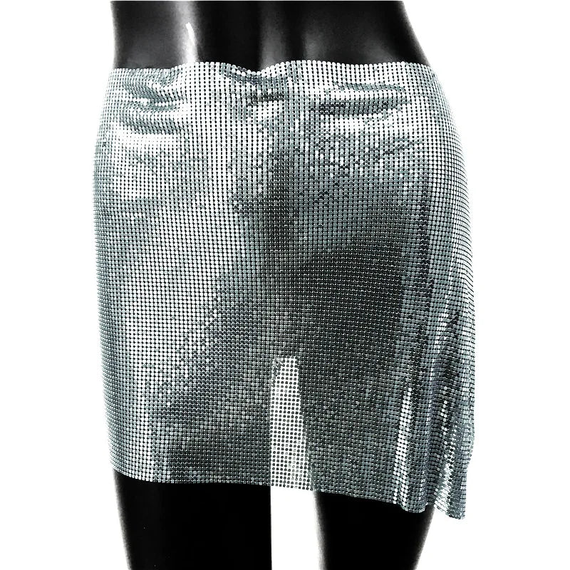 LVSANW Shiny Mini Skirt Women Summer Sexy Hollow Out Split Metal Sequins Solid See Through Breathable Luxury Sequined  Woman‘s Skirt