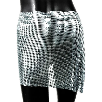 LVSANW Shiny Mini Skirt Women Summer Sexy Hollow Out Split Metal Sequins Solid See Through Breathable Luxury Sequined  Woman‘s Skirt